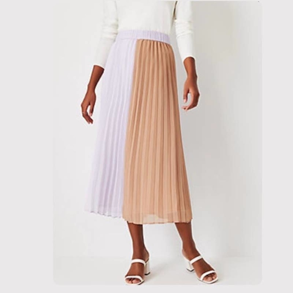 NEW Ann Taylor XL Tall Colorblock Micro Pleated Midi Skirt Spiced Taupe Purple